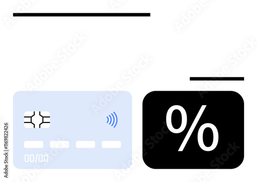 Credit card with EMV chip and wireless icon next to a bold percent sign. Ideal for payment systems, banking, shopping, discounts, fintech, savings, promotions, abstract line flat metaphor