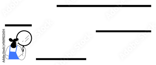 Woman holding magnifying glass studying horizontal lines. Ideal for research, focus, discovery, analysis, problem-solving, attention to detail, learning. Simple abstract line flat metaphor