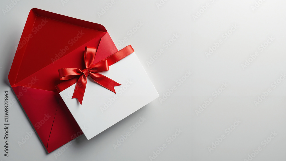 Elegant Blank Gift Card with Red Ribbon Bow and Envelope: Perfect for Holiday Marketing and Retail Promotions Elegant Blank Gift Card with Red Ribbon Bow and Envelope: Perfect for Holiday Marketing and Retail Promotions