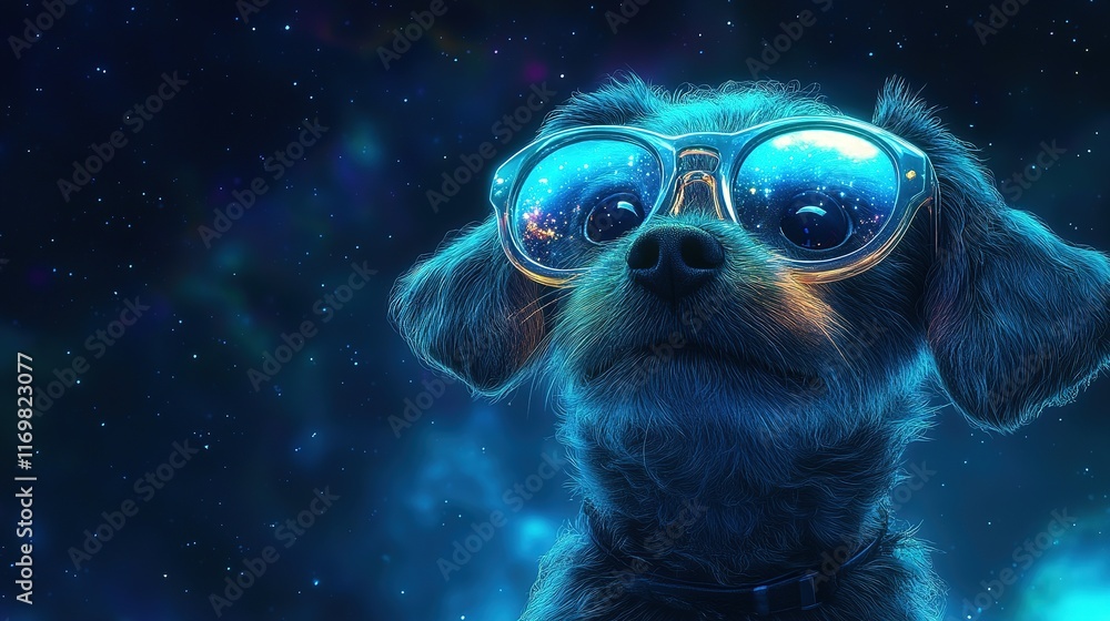 Fototapeta premium Adventurous dog in stylish glasses cosmic background digital art vibrant colors close-up whimsical concept