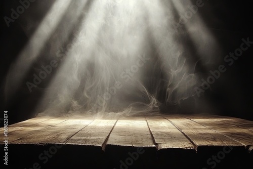 A wooden table with a spotlight shining through a mist-filled room.