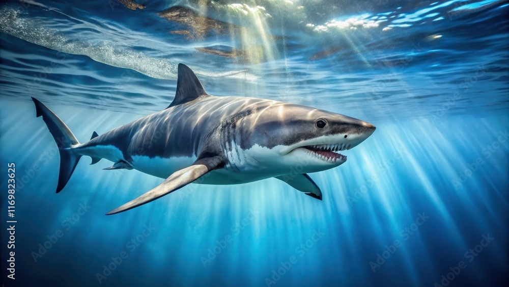 Fototapeta premium A large great white shark gliding effortlessly through the crystal-clear waters of the ocean