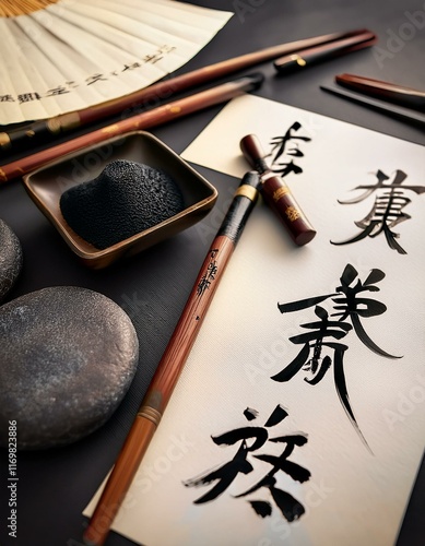 Obraz na płótnie Japanese calligraphy tools and ink on rice paper. w salonie