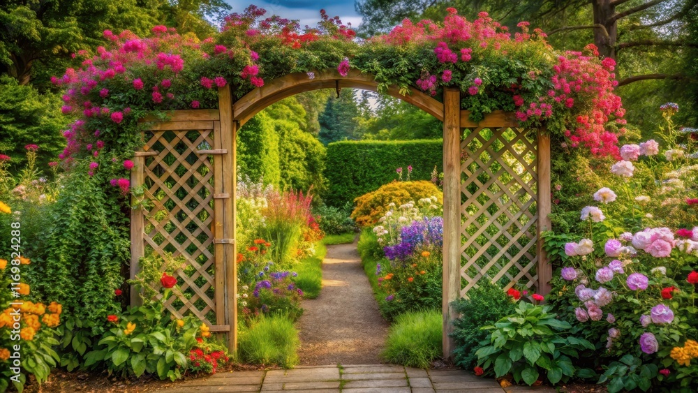 A scenic view of a gate with a trellis in the background, surrounded by lush greenery and vibrant flowers, staketenzaun A scenic view of a gate with a trellis in the background, surrounded by lush greenery and vibrant flowers, staketenzaun