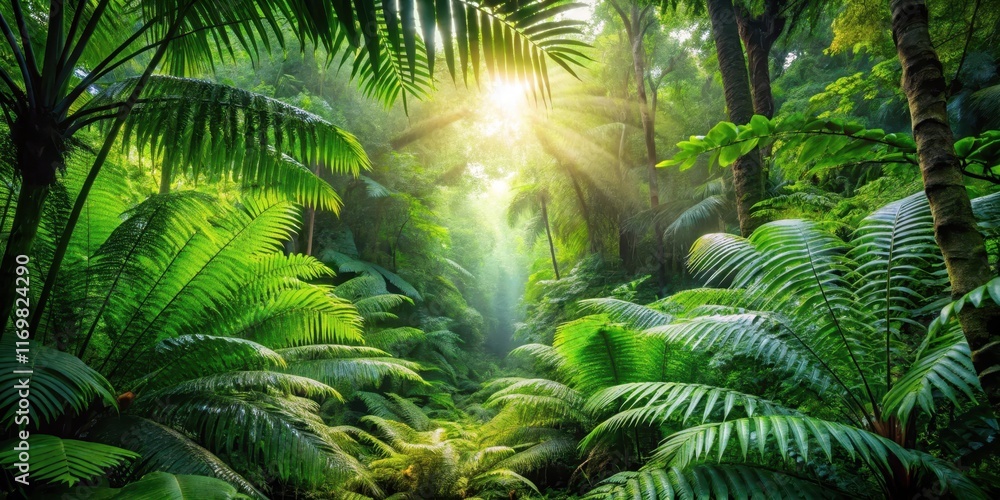 Naklejka premium Dense rainforest undergrowth with sunlight filtering through canopy leaves and ferns
