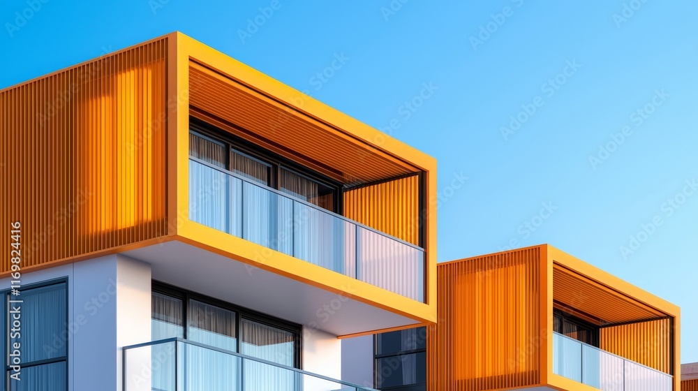 Modern Canadian apartment close-up, vibrant exterior under a clear blue sky, sleek urban architecture in summer Modern Canadian apartment close-up, vibrant exterior under a clear blue sky, sleek urban architecture in summer
