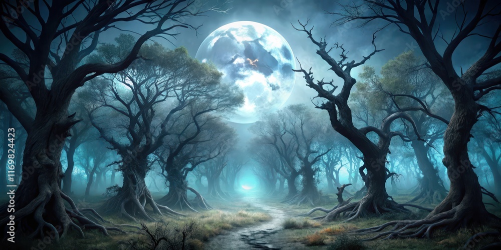 Obraz premium A dark forest with twisted trees and overgrown bushes under a full moonlit sky, casting eerie shadows on the ground