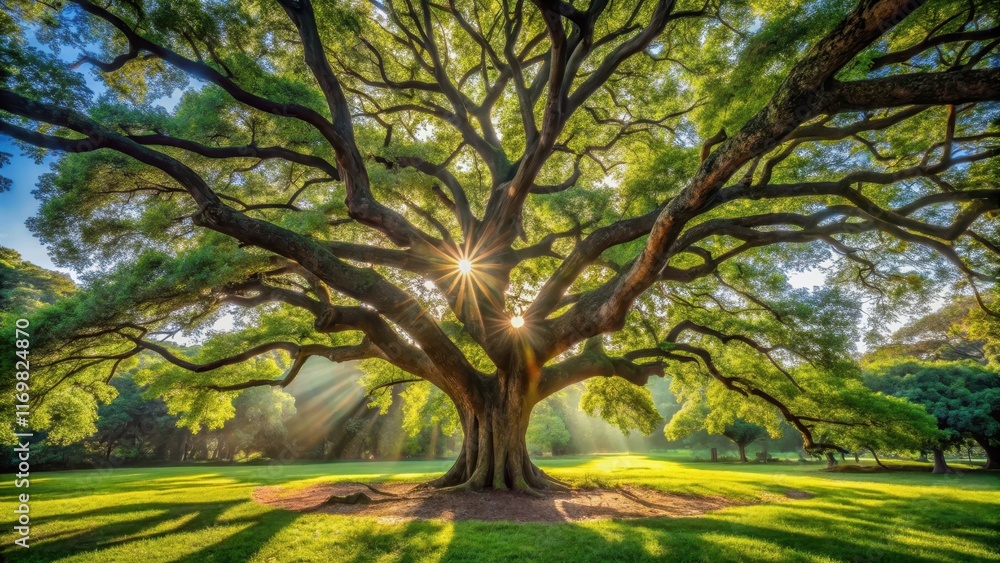 Ancient oak tree standing tall in a serene garden with sunlight filtering through its branches Ancient oak tree standing tall in a serene garden with sunlight filtering through its branches