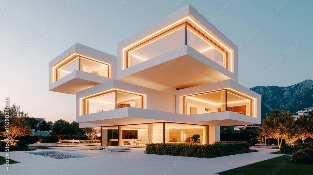 Modern residential buildings with minimalist architecture, light stone and metal finishes, framed by vibrant summer trees and clear skies Modern residential buildings with minimalist architecture, light stone and metal finishes, framed by vibrant summer trees and clear skies