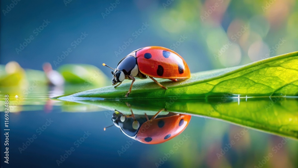 A ladybug perched on a leaf with its body reflected in the calm surface of a small pond, insect, serene, insect A ladybug perched on a leaf with its body reflected in the calm surface of a small pond, insect, serene, insect