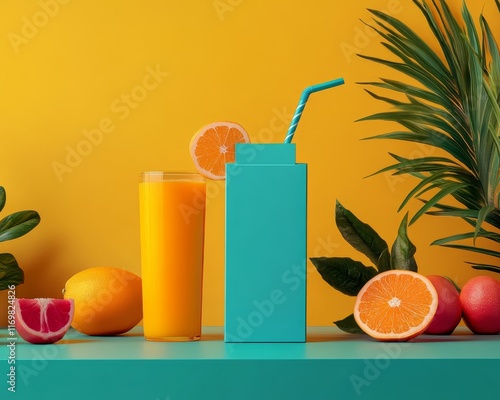 Bright and Vibrant Citrus Juice with Colorful Background and Elements photo