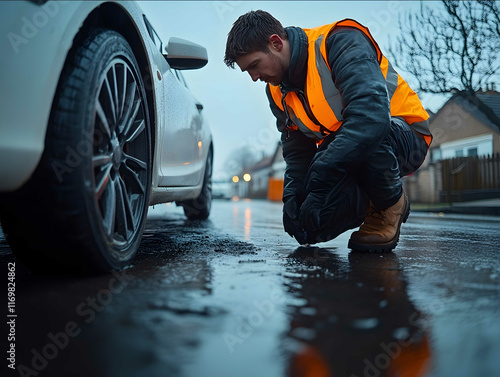 A man in an orange safety vest is changing the tire of his white car on the side of the road The background is gray and rainy He is wearing black pants and brown s photo