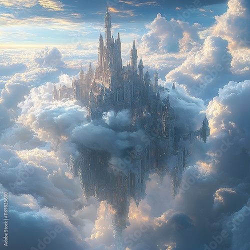 Majestic floating castle aetherial cloudscape digital art surreal environment dreamlike viewpoint fantasy concept photo