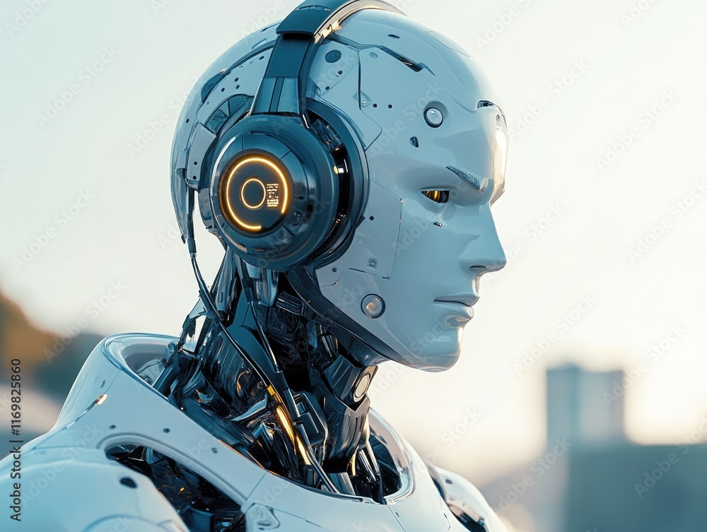 Fototapeta premium A sophisticated humanoid robot with headphones and a serene expression.