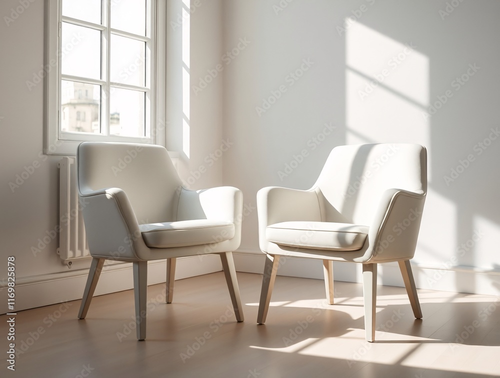 Fototapeta premium Minimalist interior lighting with two white chairs in sunlit room