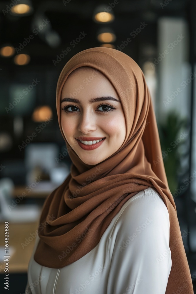 Young, smiling female in modern work setting. Young, smiling female in modern work setting.