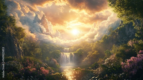 Wallpaper Mural Serene waterfall and mountain landscape enchanted forest digital art tranquil environment aerial view nature's beauty Torontodigital.ca