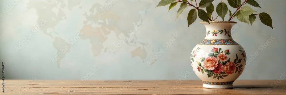 Ornamented vase on a wooden table with a vintage white and brown color scheme, vintage, wood, ceramic Ornamented vase on a wooden table with a vintage white and brown color scheme, vintage, wood, ceramic