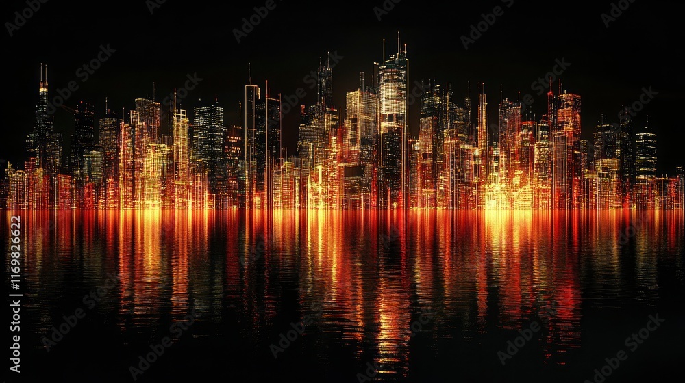 Digital buildings made of glowing data streams a dark black sky Digital buildings made of glowing data streams a dark black sky