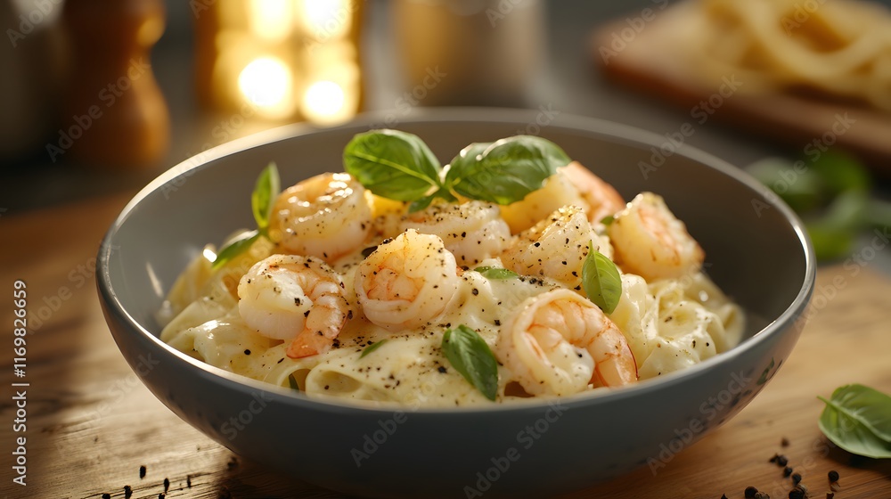 A Comforting Bowl of Shrimp Alfredo Pasta: Velvety Sauce and Tender Shrimp Create a Homely Dining Experience A Comforting Bowl of Shrimp Alfredo Pasta: Velvety Sauce and Tender Shrimp Create a Homely Dining Experience