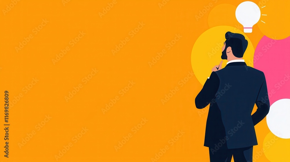 A professional man in a suit contemplates ideas, symbolized by floating light bulbs, against a vibrant orange background. A professional man in a suit contemplates ideas, symbolized by floating light bulbs, against a vibrant orange background.