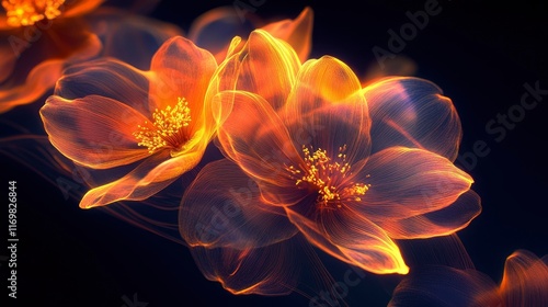 Abstract glowing flowers on a black background. Glowing neon floral pattern with fireflies and bioluminescent plants