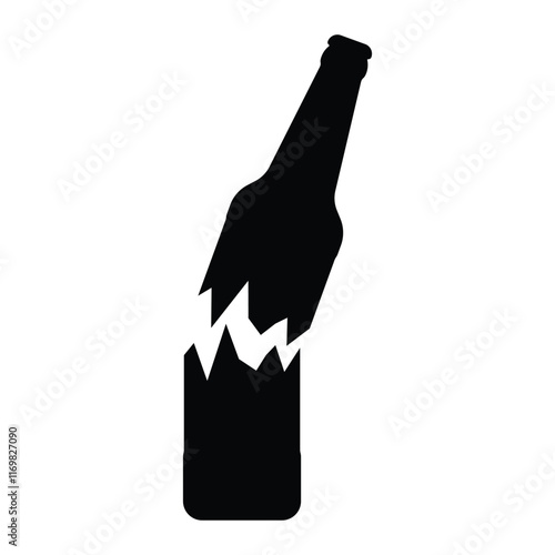 Broken glass bottle vector icon. Shattered glass symbol for recycling, safety, and hazard awareness design. Black silhouette isolated on white background.