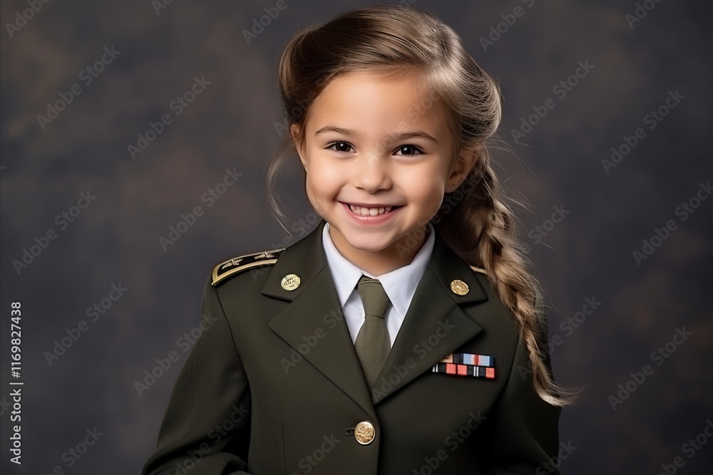 Portrait of a happy little girl in military uniform, studio shot Portrait of a happy little girl in military uniform, studio shot