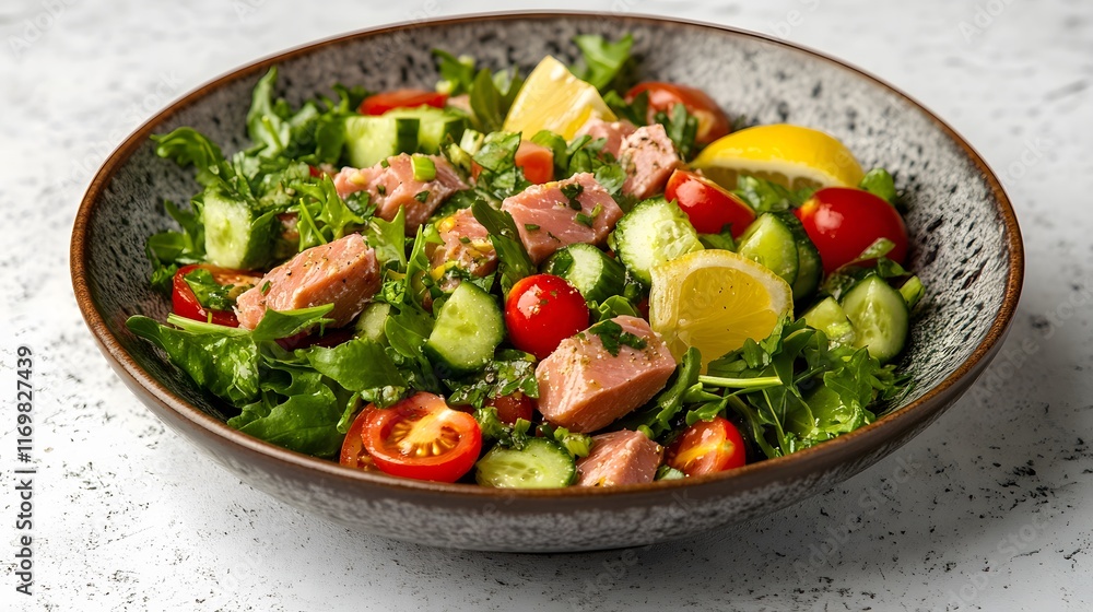 Delicious and Nutritious Tuna Salad with Fresh Ingredients and a Zesty Dressing in a Rustic Bowl Delicious and Nutritious Tuna Salad with Fresh Ingredients and a Zesty Dressing in a Rustic Bowl