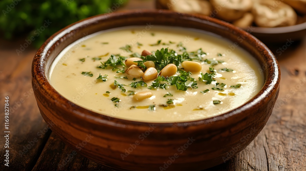 An Exquisite Cream of Mushroom Soup with a Touch of Rustic Charm and Flavorful Garnish An Exquisite Cream of Mushroom Soup with a Touch of Rustic Charm and Flavorful Garnish