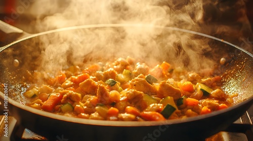 Delicious Chicken Stir-Fry with Zucchini and Carrots, Served Hot with Flavorful Sauce and Aromas