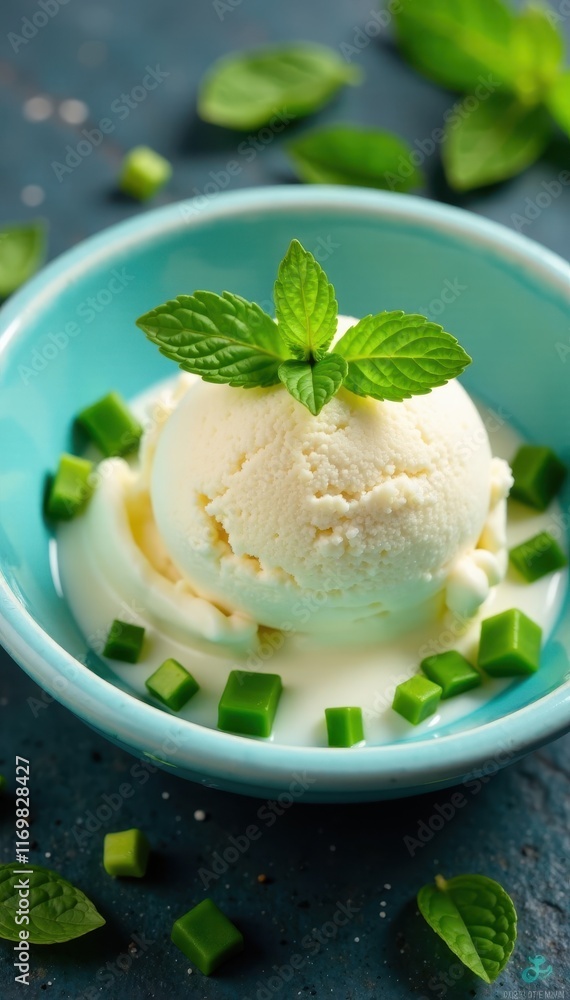 Scoop of vanilla ice cream surrounded by chopped fresh mint leaves in a shallow turquoise bowl, green garnish, dessert bowl, summer treat Scoop of vanilla ice cream surrounded by chopped fresh mint leaves in a shallow turquoise bowl, green garnish, dessert bowl, summer treat