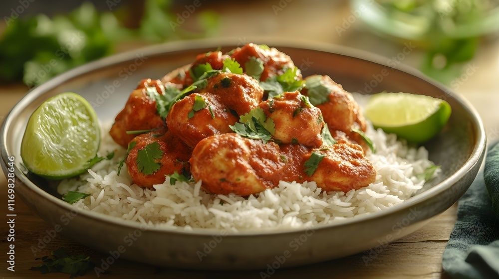 A Beautifully Plated Tandoori Chicken with Fragrant Basmati Rice and Fresh Garnishes A Beautifully Plated Tandoori Chicken with Fragrant Basmati Rice and Fresh Garnishes