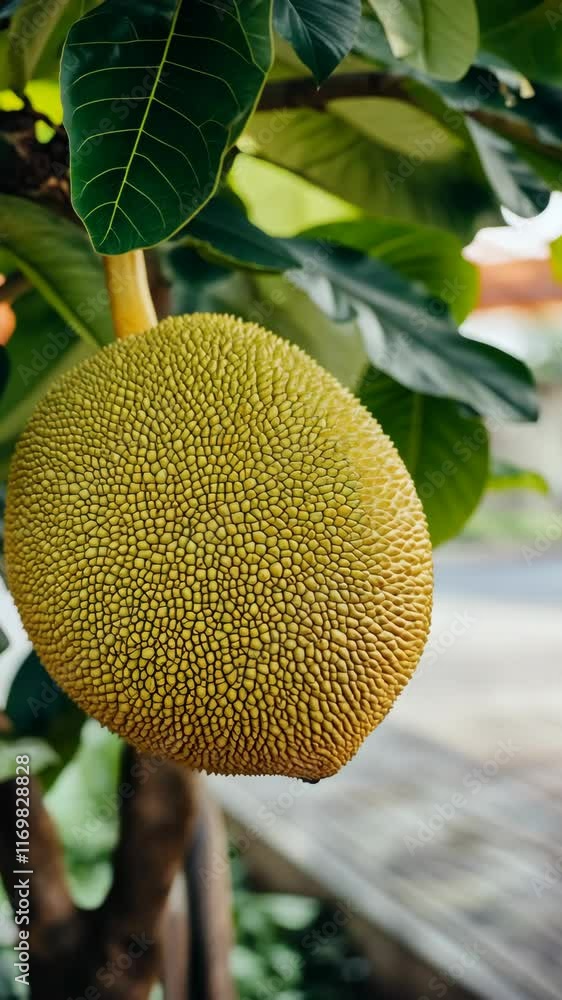 Bright jackfruit growing on a tree in a tropical garden during sunny daylight hours Bright jackfruit growing on a tree in a tropical garden during sunny daylight hours