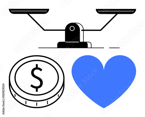 Classic scale balances a coin symbolizing wealth and a blue heart representing emotions. Ideal for finance, relationships, decision-making, life balance, values, moral dilemmas, abstract line flat