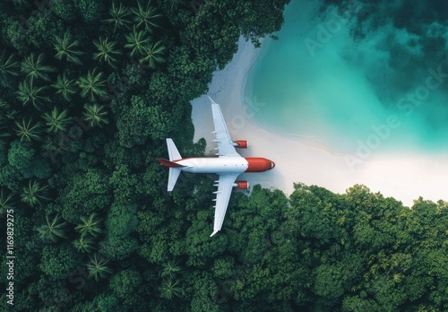 As a plane lands at a tropical resort, a jet passes over the ocean beach and rainforest. photo