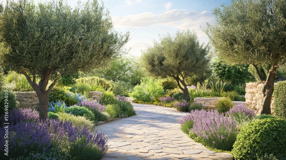 Fototapeta premium Serene garden path with olive trees, lavender, and stone walls.
