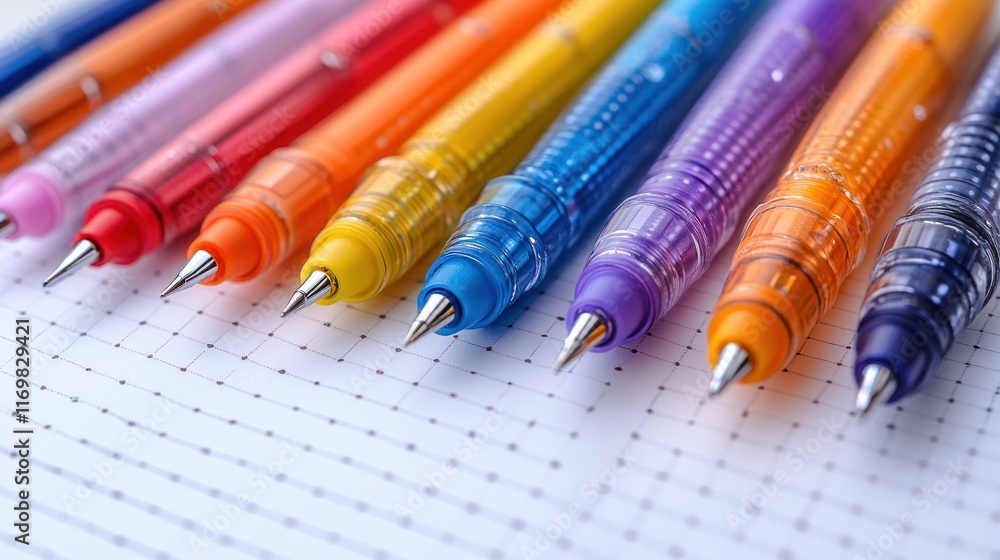 Colorful pens arranged on a dotted notebook. Colorful pens arranged on a dotted notebook.