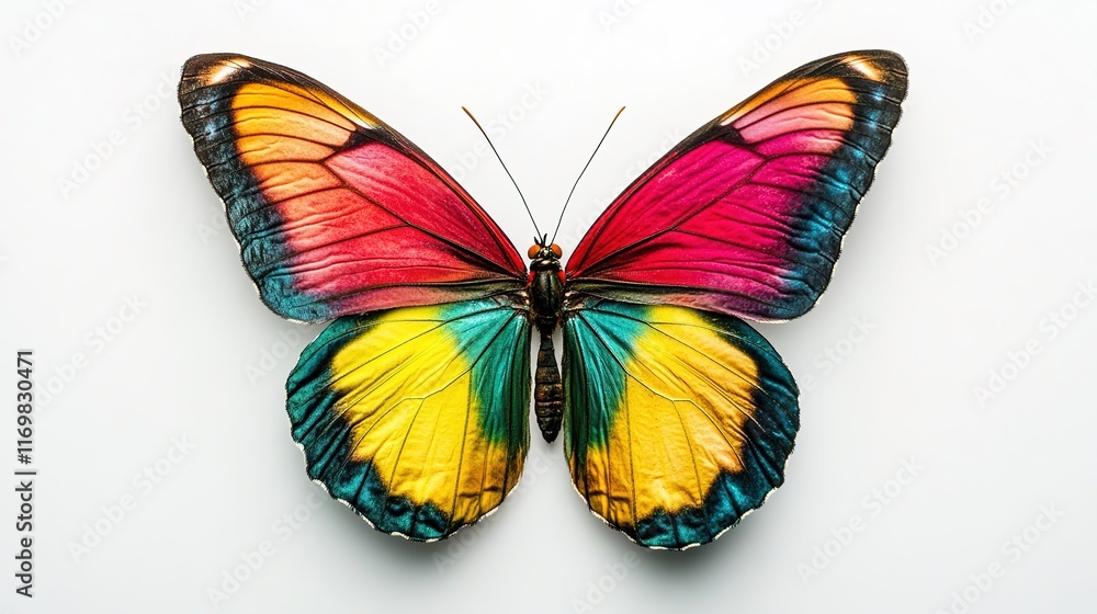 Obraz premium A bright and vibrant multi-colored butterfly viewed from the top, resting delicately on a white background. 