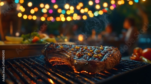 Vibrant Backyard Barbecue Scene Featuring a Grilling Master Preparing Ribeye Steak with Friends Under Colorful String Lights