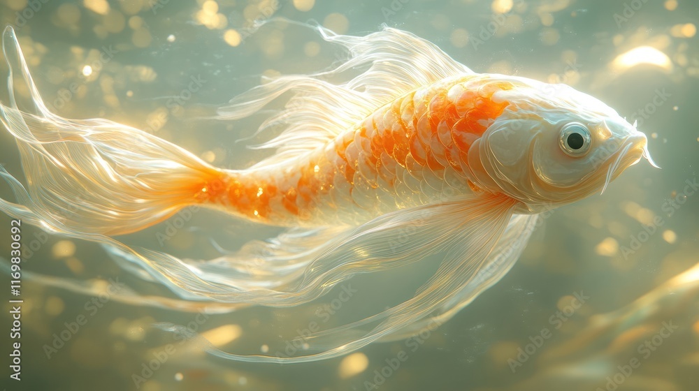 Ethereal orange koi fish swimming gracefully. Ethereal orange koi fish swimming gracefully.