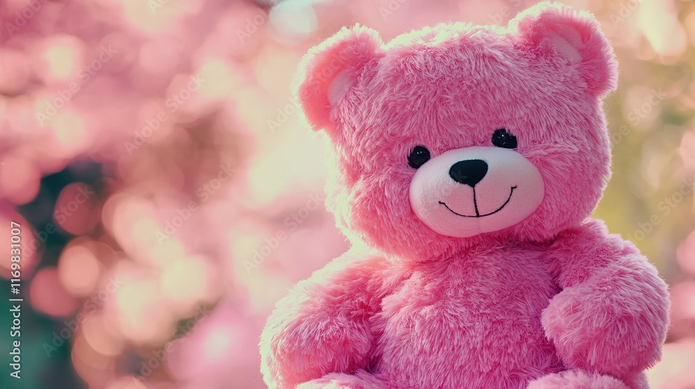 Fototapeta premium Adorable Care Bear with a cute and cheerful expression, showcasing its colorful and playful design. The bear features vibrant pastel tones, a signature belly badge symbol, and a soft plush texture 