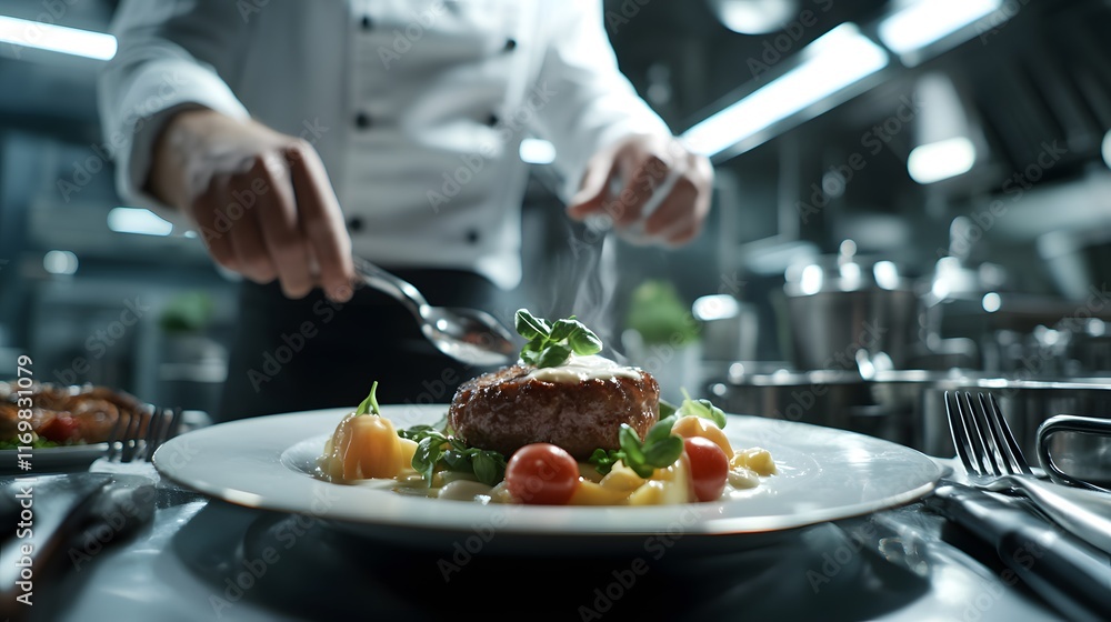 Gourmet Elegance: Skilled Chef Artfully Plating a Luxurious Dish in a Modern Kitchen Showcase Gourmet Elegance: Skilled Chef Artfully Plating a Luxurious Dish in a Modern Kitchen Showcase
