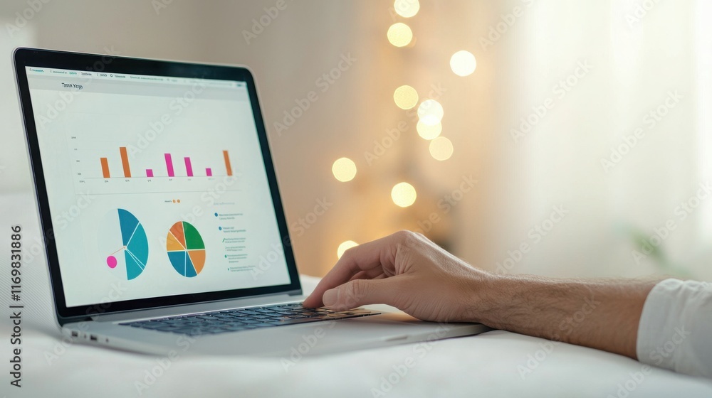 Fototapeta premium A person using a laptop to analyze colorful graphs and charts, surrounded by a softly lit, cozy environment.