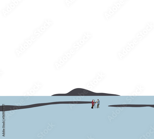 Men catching freshwater fish in nature river in the early morning with mountain view. Summer fishing hobby.
