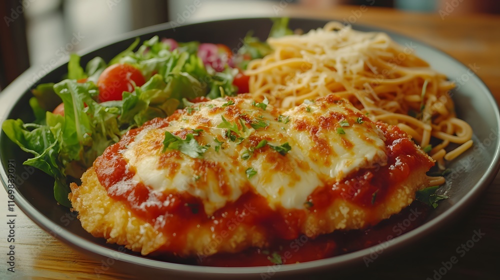 An Enticing Chicken Parmesan with Fresh Tomato Sauce, Mozzarella, and a Garden Salad for a Gourmet Dining Experience An Enticing Chicken Parmesan with Fresh Tomato Sauce, Mozzarella, and a Garden Salad for a Gourmet Dining Experience