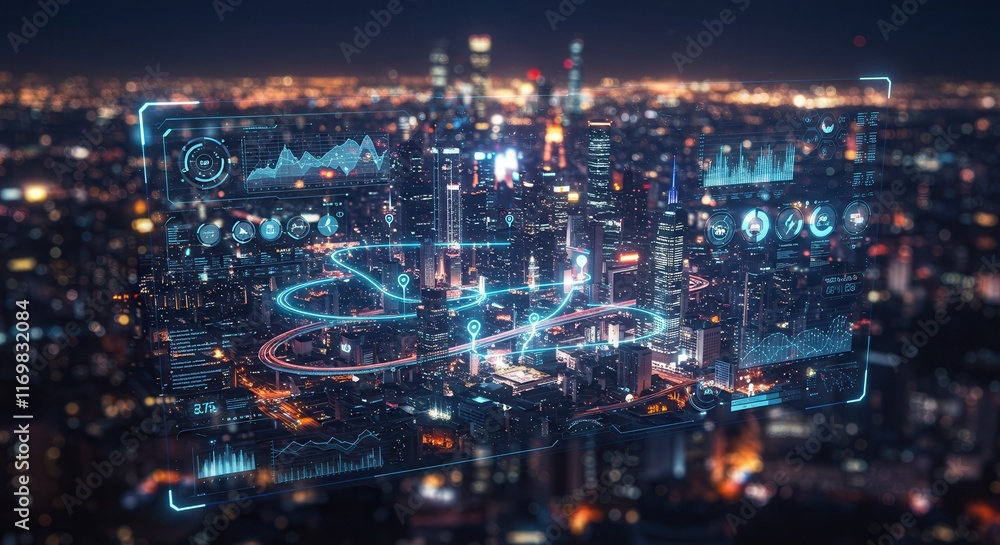 Futuristic cityscape with augmented reality data overlay and night skyline Futuristic cityscape with augmented reality data overlay and night skyline