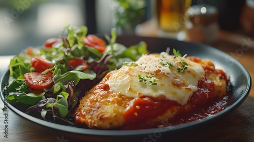 An Enticing Chicken Parmesan with Fresh Tomato Sauce, Mozzarella, and a Garden Salad for a Gourmet Dining Experience