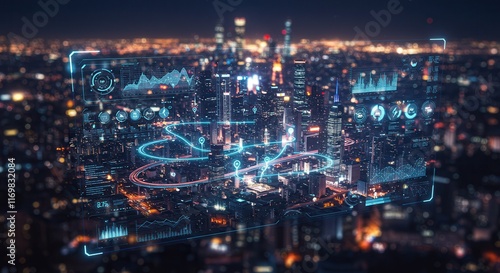 Wallpaper Mural Futuristic cityscape with augmented reality data overlay and night skyline Torontodigital.ca