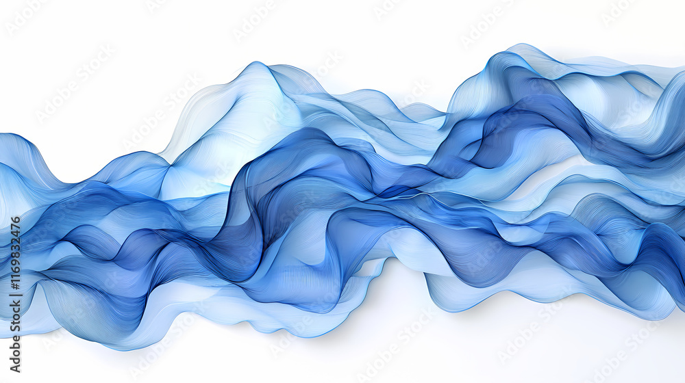 Layered blue abstract wavy lines overlapping each other on a matte white background, creating shadows and depth in the composition Ethersea. Illustration Layered blue abstract wavy lines overlapping each other on a matte white background, creating shadows and depth in the composition Ethersea. Illustration